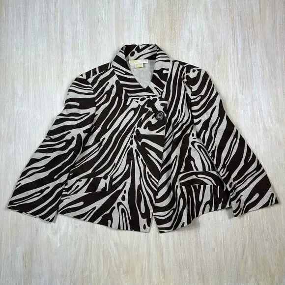 Michael Kors Brown Zebra Animal Print Linen Tailored Short Blazer Jacket 8 Chic - Picture 1 of 15
